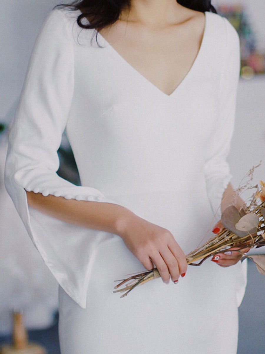 Wedding & Events Wedding Dresses | White Simple Causal Wedding Dress Satin Fabric V-Neck Long Sleeves Buttons Mermaid Bridal Gow