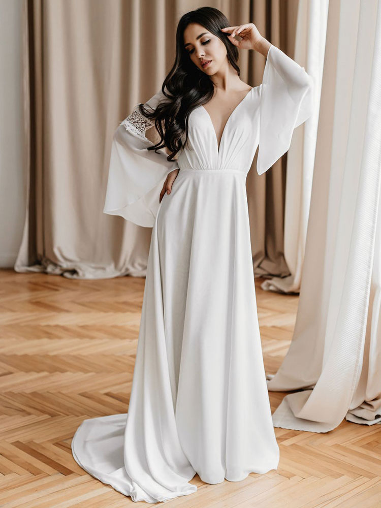 Boda Vestidos de novia | Vestido de novia blanco simple con tren Una línea Cuello en V Mangas largas Cadenas sin espalda Vestidos de novia de cintura natural - LT43099