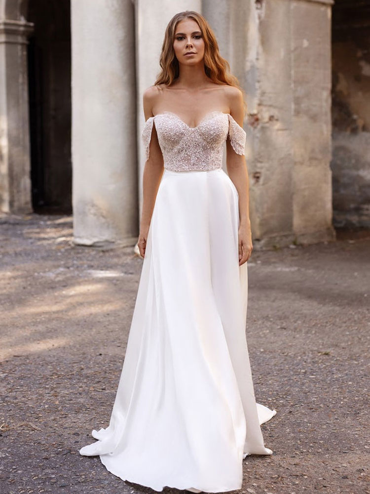 Robe de mariée simple blanche en tissu satiné découpé hors de l'épaule longueur au sol robes de mariage