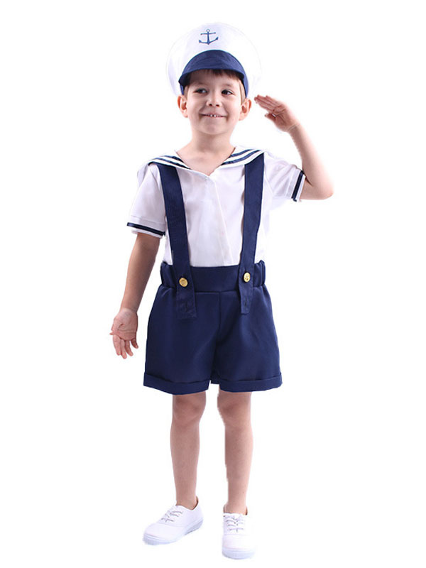 Disfraz de Cosplay para niños, disfraz de marinero, sombrero blanco, mono  azul marino, conjunto de 3 piezas, disfraz de Halloween 