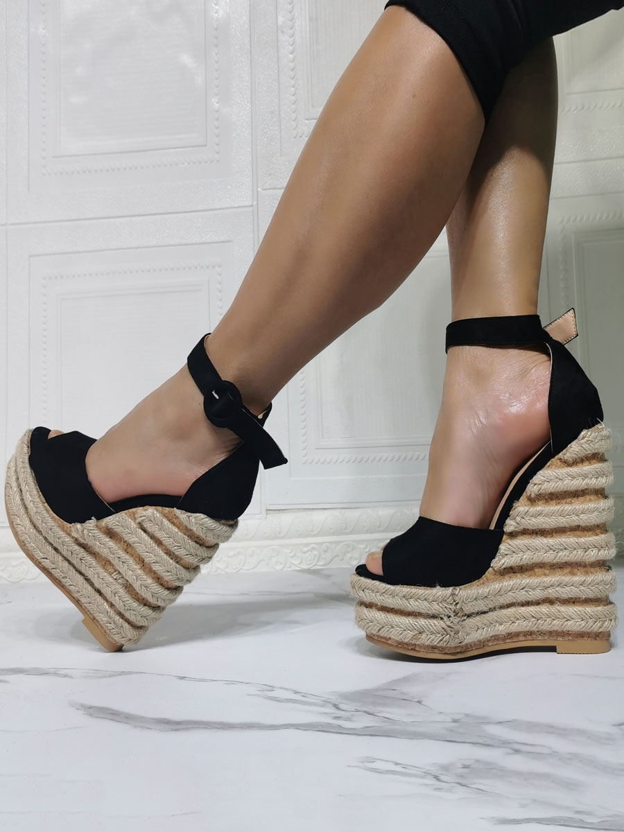 Zapatos de Mujer | Sandalias de tacón alto negras Sandalias de cuña sexy con punta abierta y tacón de cuña de micro gamuza - DA29971