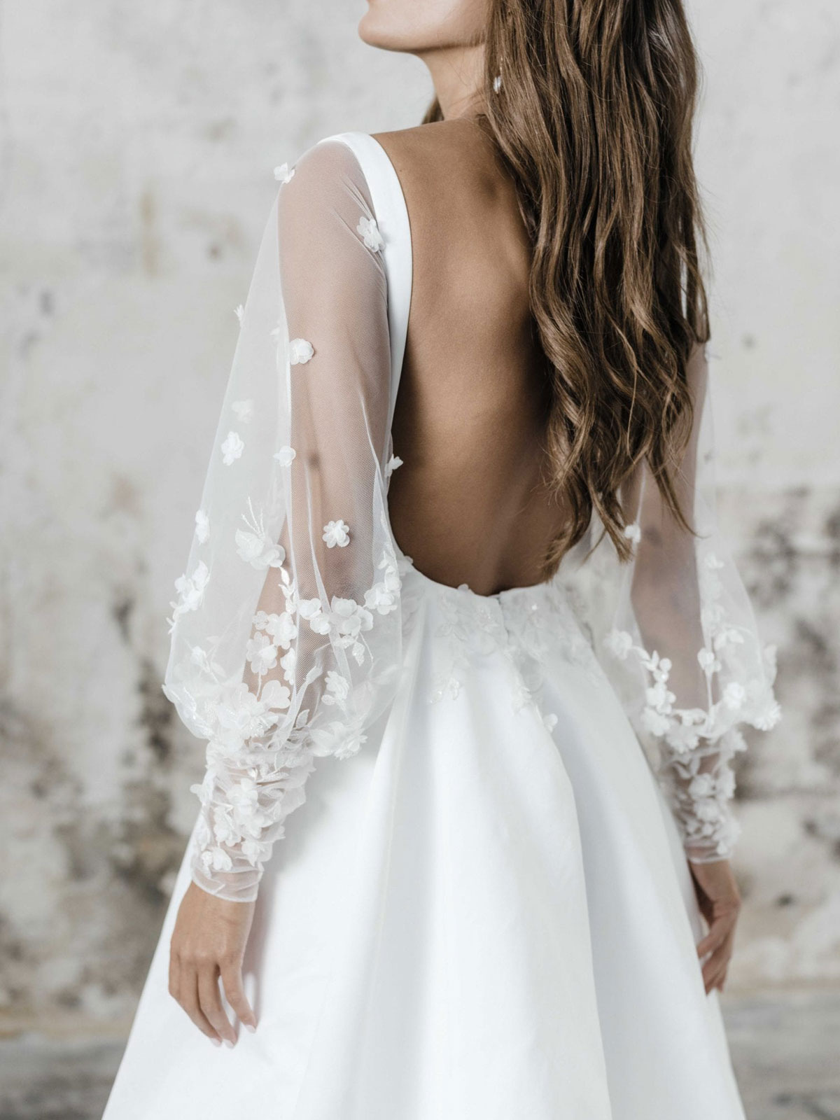 White Simple Wedding Dress A Line Square Neck Long Sleeves Backless Applique Cut Outs Split