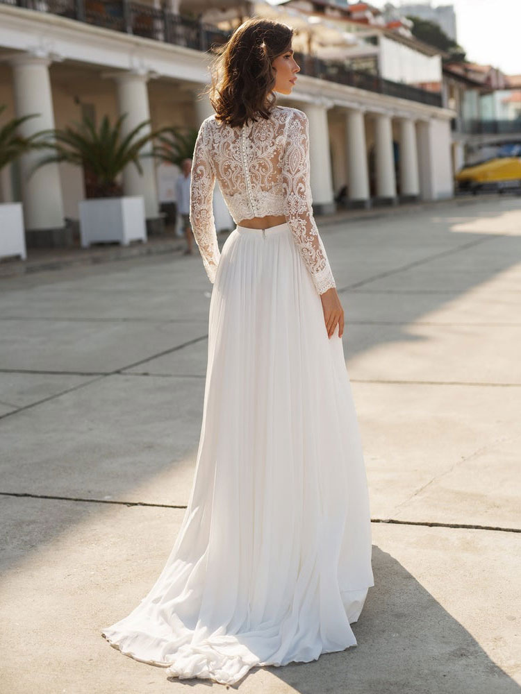 Wedding & Events Wedding Dresses | White Simple Causal Wedding Dress Chiffon V-Neck Long Sleeves Cut Out A-Line Split Lace Brida