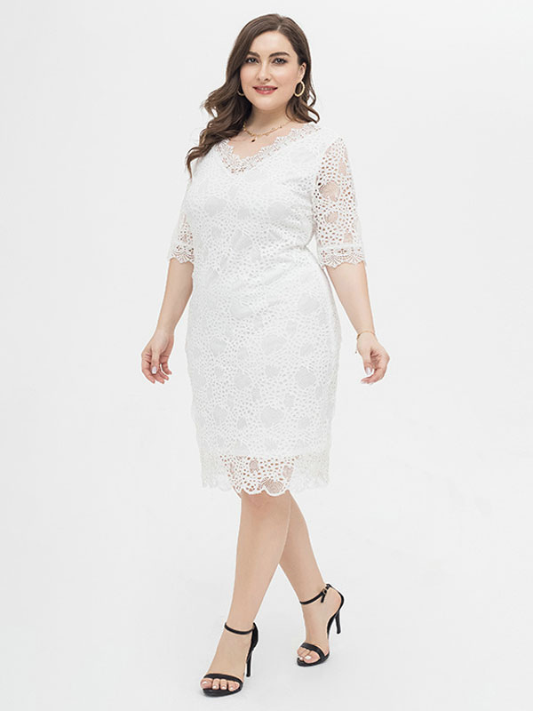 Plus Size White Dress V-neck Illusion Half Sleeves Layered Nylon Lace ...