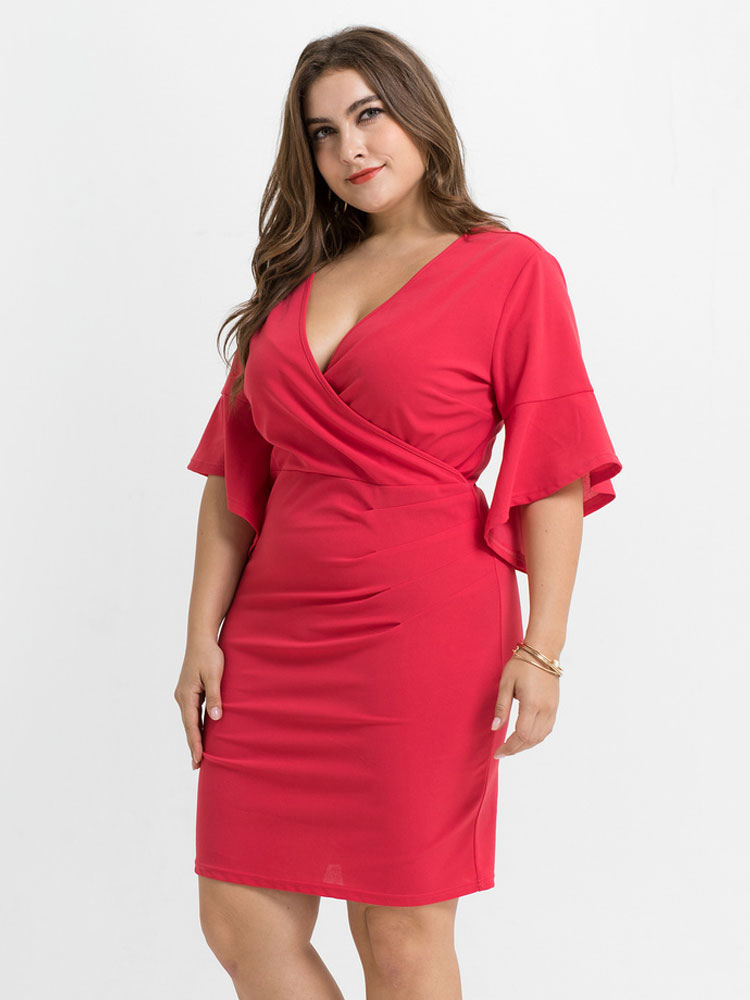 Plus Size Red Dress V-neck Flared Half-Sleeve Summer Midi Dress ...