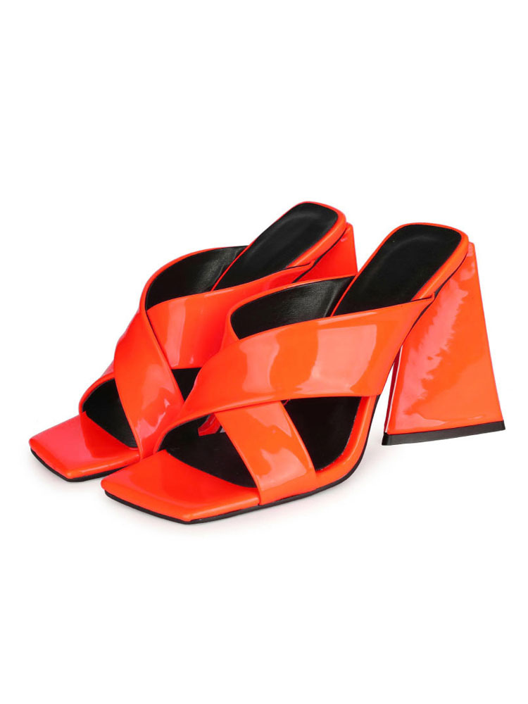 Shoes Women's Shoes | Orange Heeled Mules For Women Square Toe Chunky Heel PU Leather Summer Mules - NA19145