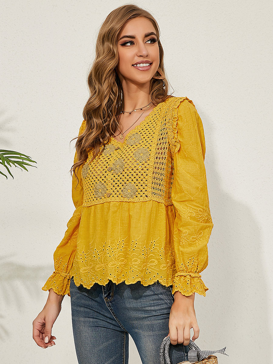 Yellow Blouse For Women Cotton V-Neck Asymmetrical Cut Out Ruffles Long ...