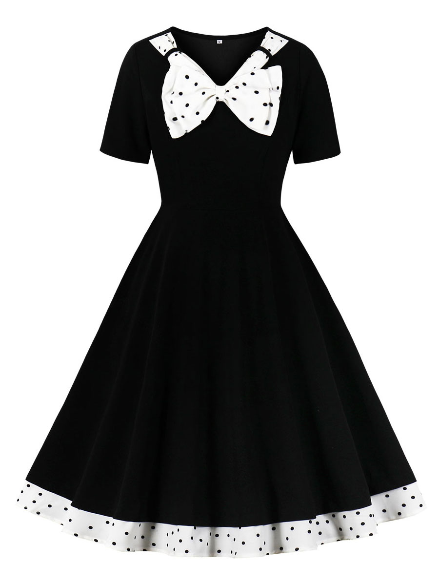 Women's Clothing Dresses | 1950S Black Retro Dress Layered Bows Sleeveless Designed Neckline Polka Dot Vintage Swing Dress - ED71323