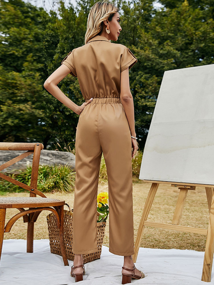 Tuta da donna kaki con scollo a V maniche corte in poliestere ampio vestito  estivo intero - Milanoo.com