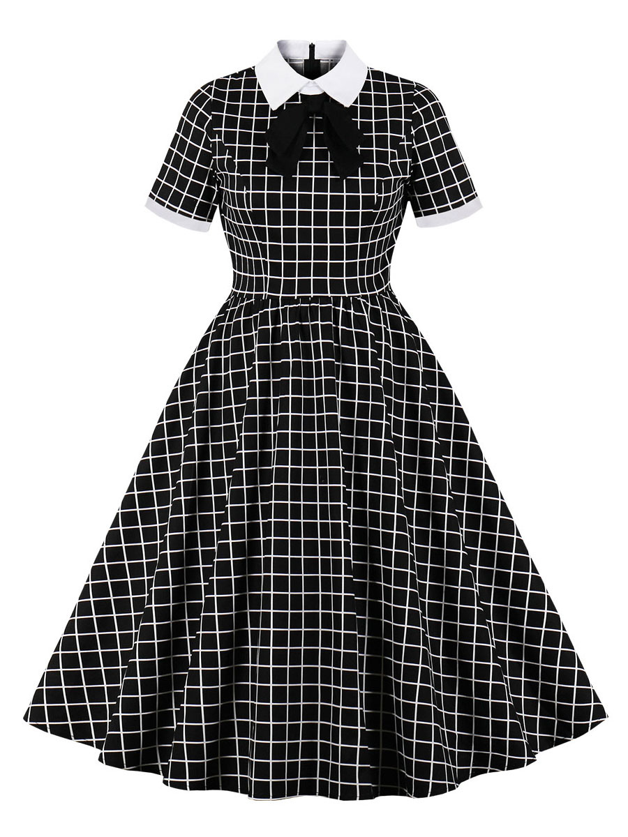 Women's Clothing Dresses | 1950S Black Vintage Dress Plaid Pattern Short Sleeves Turndown Collar Lycra Spandex Bowknot Vintage Rockabilly Dress - AJ42443