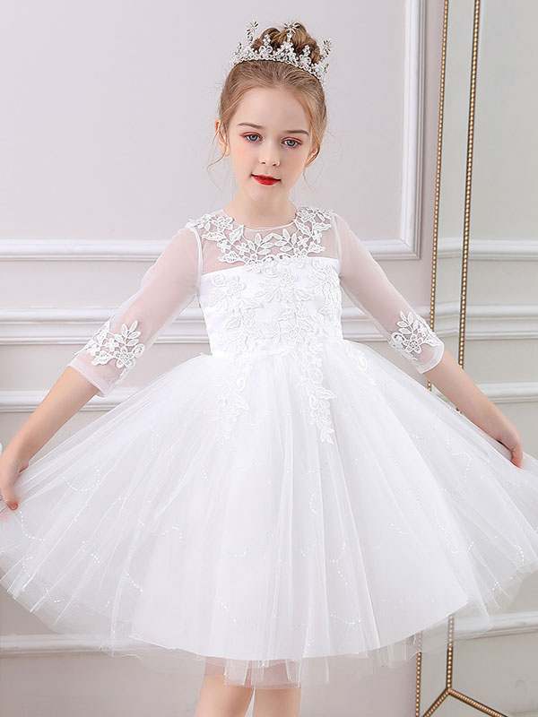 Vestidos de niña de las flores blancas Joya Cuello Encaje Medias mangas  Silueta Arcos Vestido corto de princesa Vestidos de fiesta social para  niños 