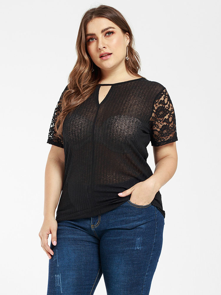 Plus Size Black Blouse For Women Jewel Neck Cut Outs Short Sleeves ...