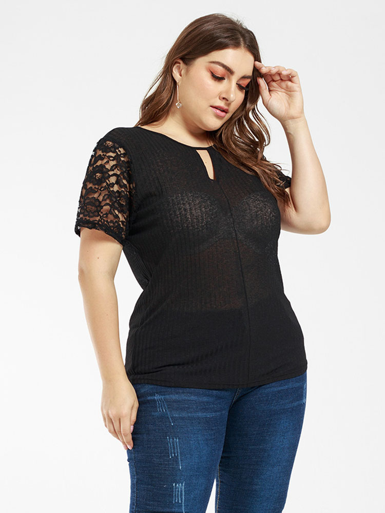 Plus Size Black Blouse For Women Jewel Neck Cut Outs Short Sleeves ...