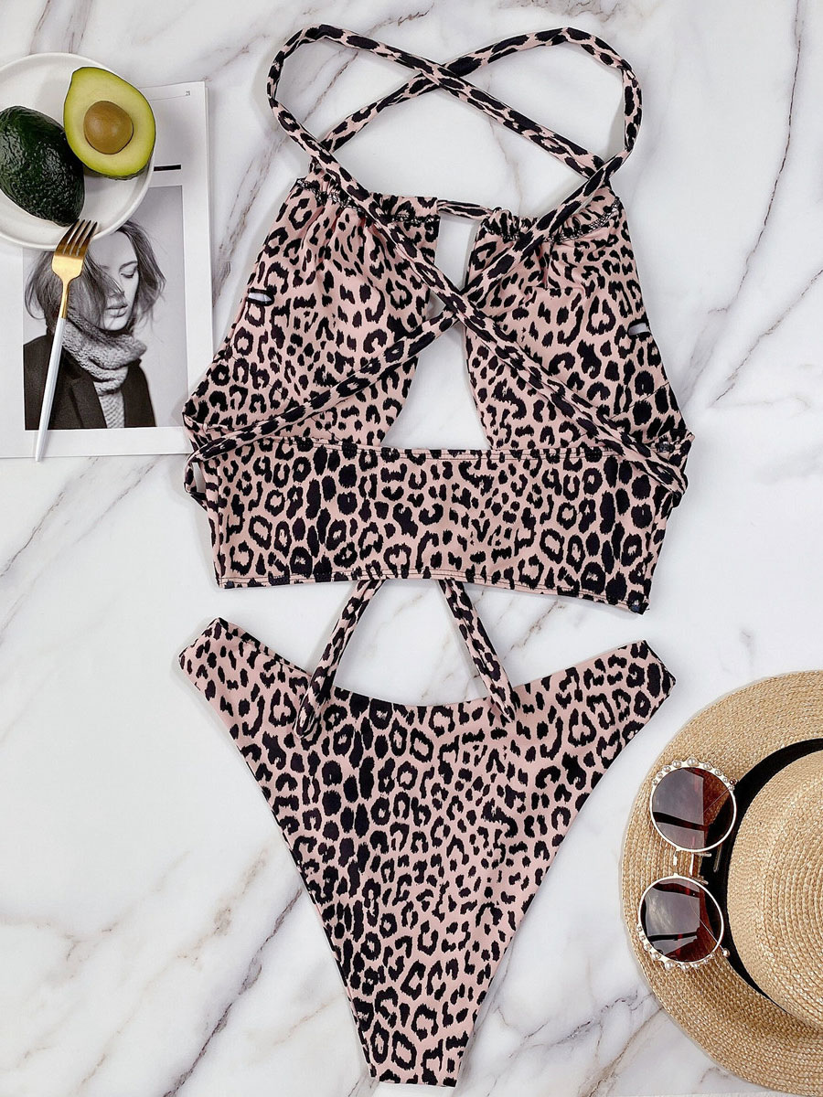 Women's Clothing Swimsuits & Cover-Ups | Two Piece Swimsuits Leopard Others Leopard Print Lace Up Jewel Neck Backless High Waisted Summer Beach Bathing Suits For Women - JV33028