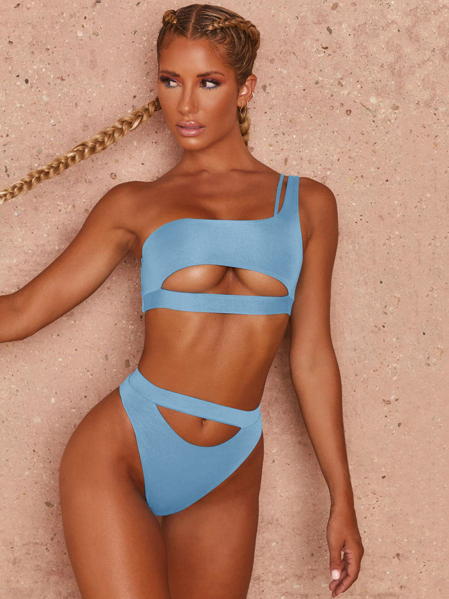 Women's Clothing Swimsuits & Cover-Ups | Blue Cut Out U Neck Backless One Shoulder High Waisted Two Piece Swimsuits - TQ53920