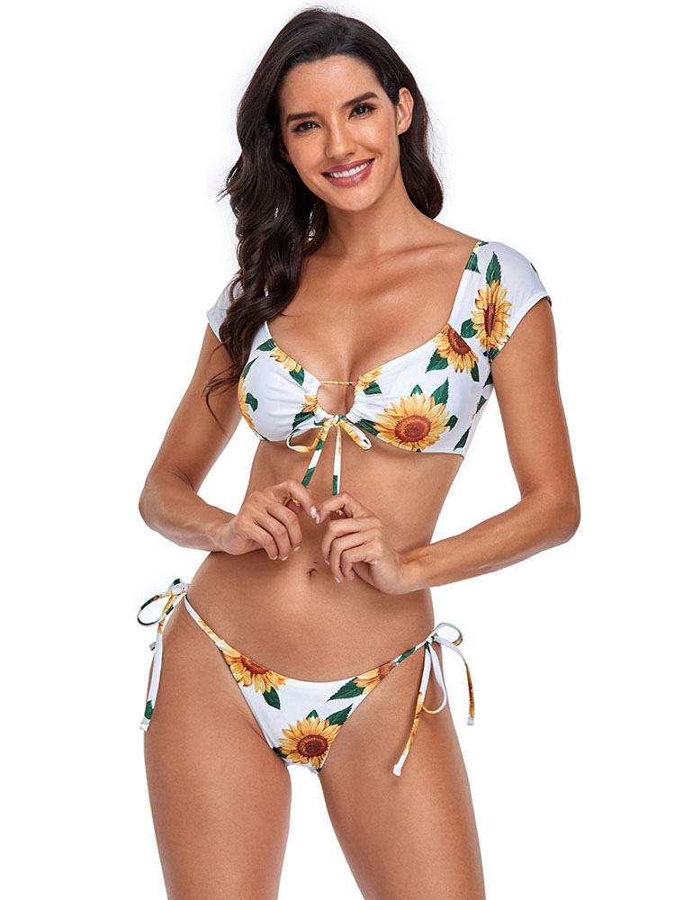 Frauen Bikini Badeanzug Gelb Sonnenblumen Muster Schn R Cupless