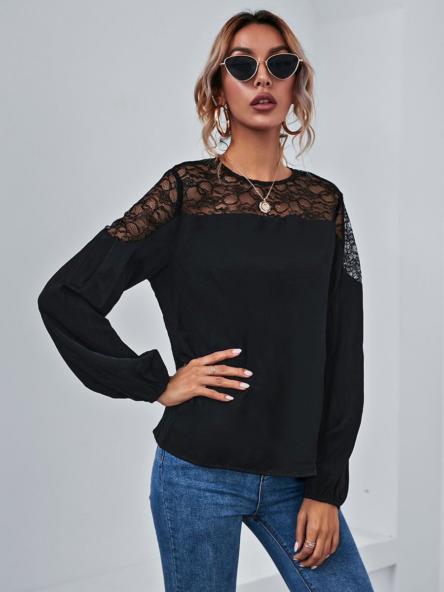 Black Blouse For Women Long Sleeves Jewel Neck Polyester Lace Summer T ...