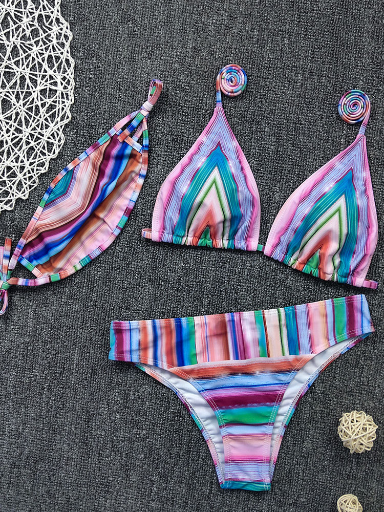 Bikini Maillot De Bain Imprimés Rayures Taille Haute Avec Bretelles à