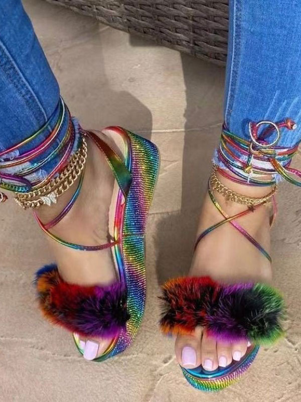 Chaussures Chaussures femme | Femmes sandales compensées magnifiques strass en cuir PU bout ouvert à lacets sandales à talons d'été - VD55638