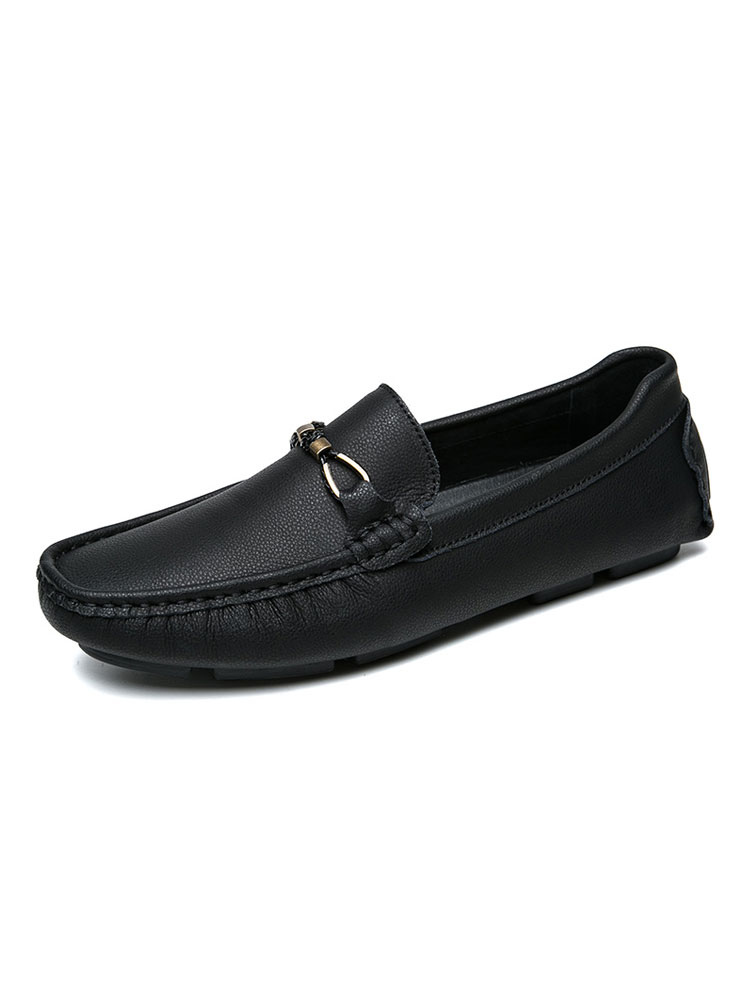 Zapatos de hombre | Mocasines para hombre Detalles metálicos sin cordones Punta redonda Cuero de PU Zapatos náuticos casuales negros - QQ61174