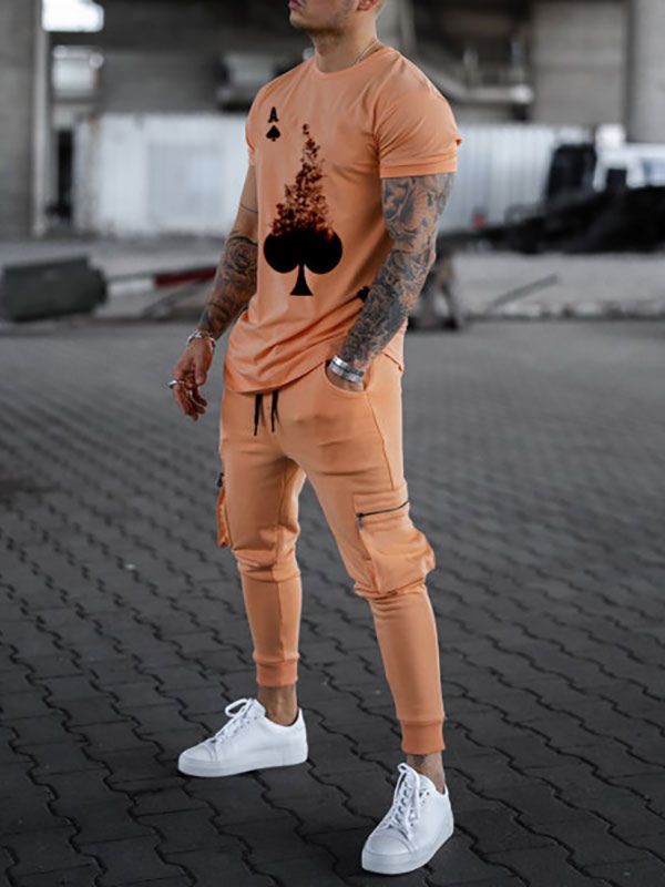 Men's Clothing Men's Activewear | Men's Activewear 2-Piece Printed Short Sleeves Jewel Neck Orange - GW58320