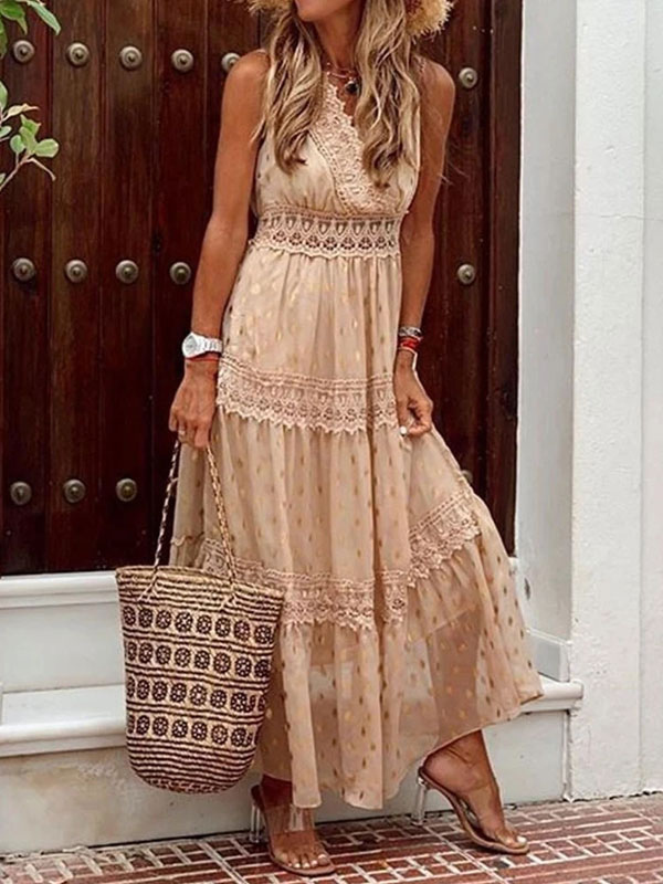 Women's Clothing Dresses | Maxi Dresses Apricot Sleeveless V-Neck Polyester Floor Length Summer Dress Boho Dress - TA56642