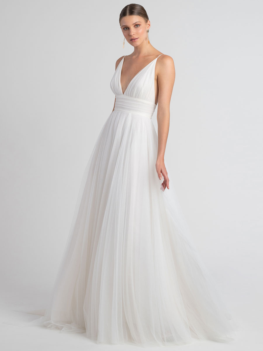 Wedding & Events Wedding Dresses | White A-Line Wedding Dress V-Neckline Sleeveless With Train Backless Bridal Dresses - KT85387