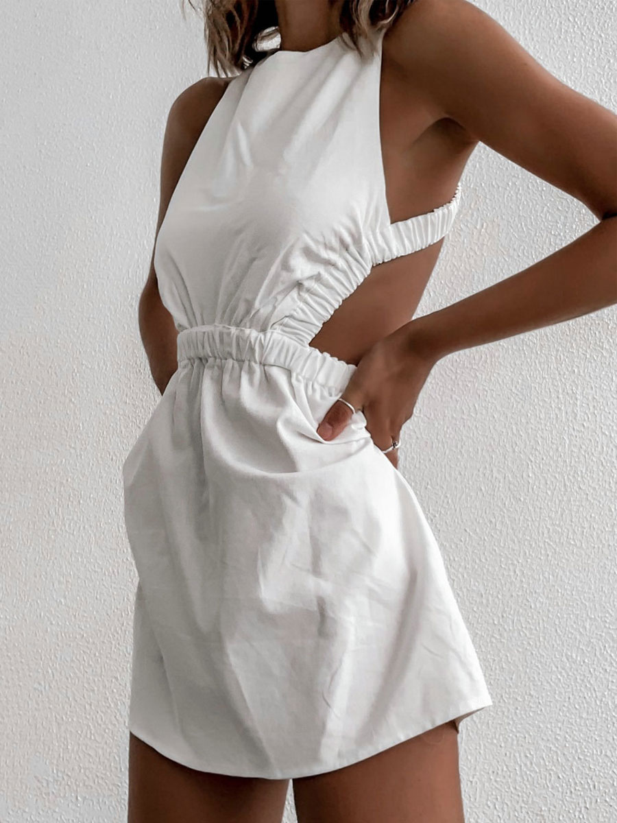 Moda Mujer Vestidos | Vestido de verano blanco con cuello redondo, hombros descubiertos, plisado, sin espalda, hasta la rodilla, vestido informal de playa con cordones - TH48781