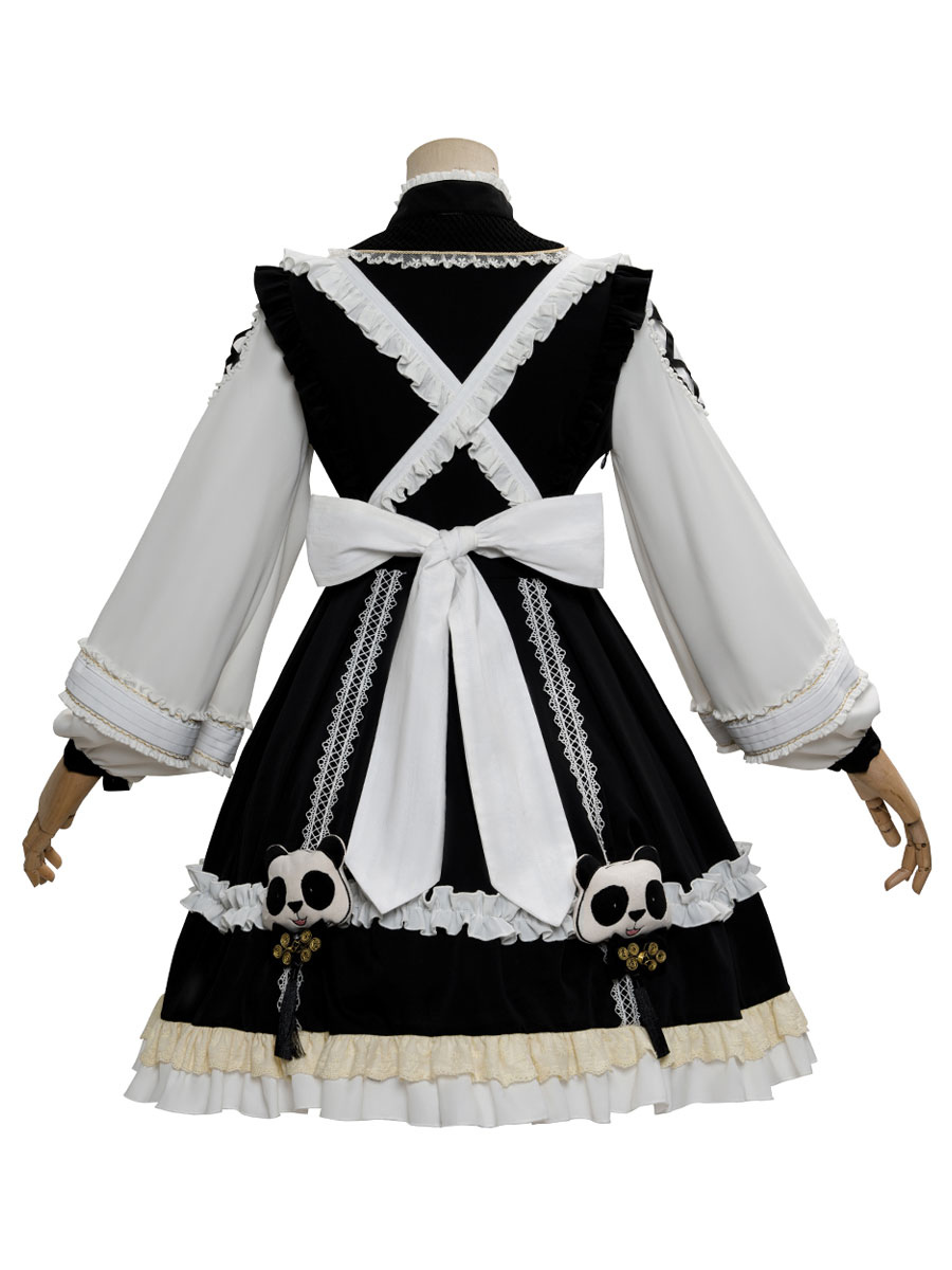 チャイニーズスタイルロリータOPドレス4ピースセットホワイトブラックパンダパターン長袖ティーパーティーロリータ衣装