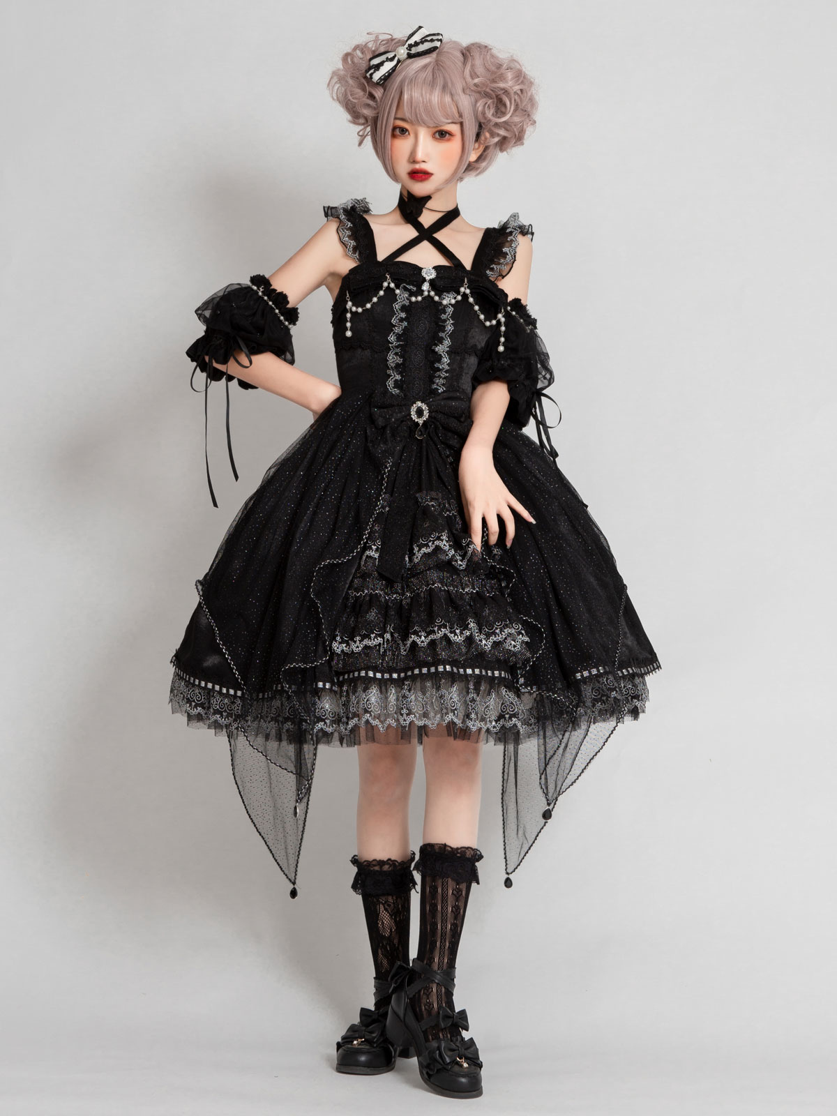 Gothic Lolita JSK Dress 4-Piece Set Black Sleeveless Lace Up Chains ...