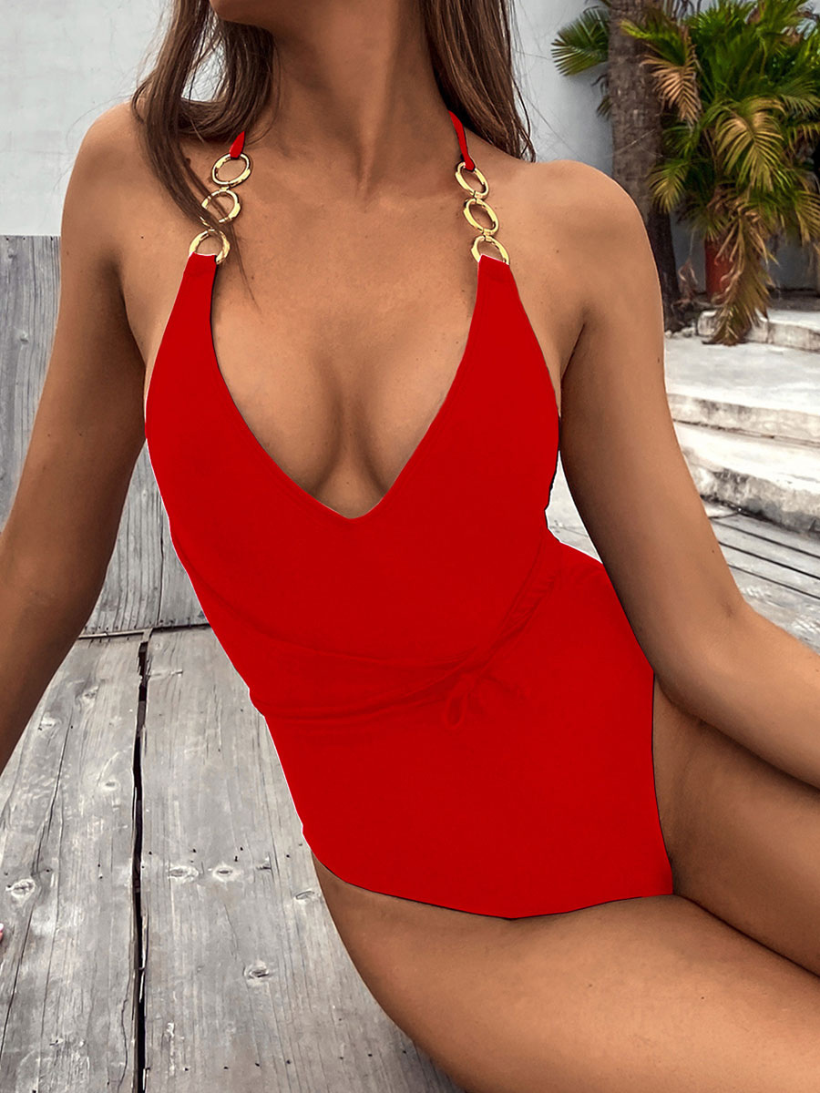 Women's Clothing Swimsuits & Cover-Ups | One Piece Swimsuits Red Lace Up Strap Neck Irregular High Waisted Summer Beach Swimwear - WD22613