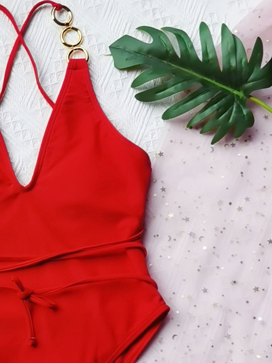 Women's Clothing Swimsuits & Cover-Ups | One Piece Swimsuits Red Lace Up Strap Neck Irregular High Waisted Summer Beach Swimwear - WD22613