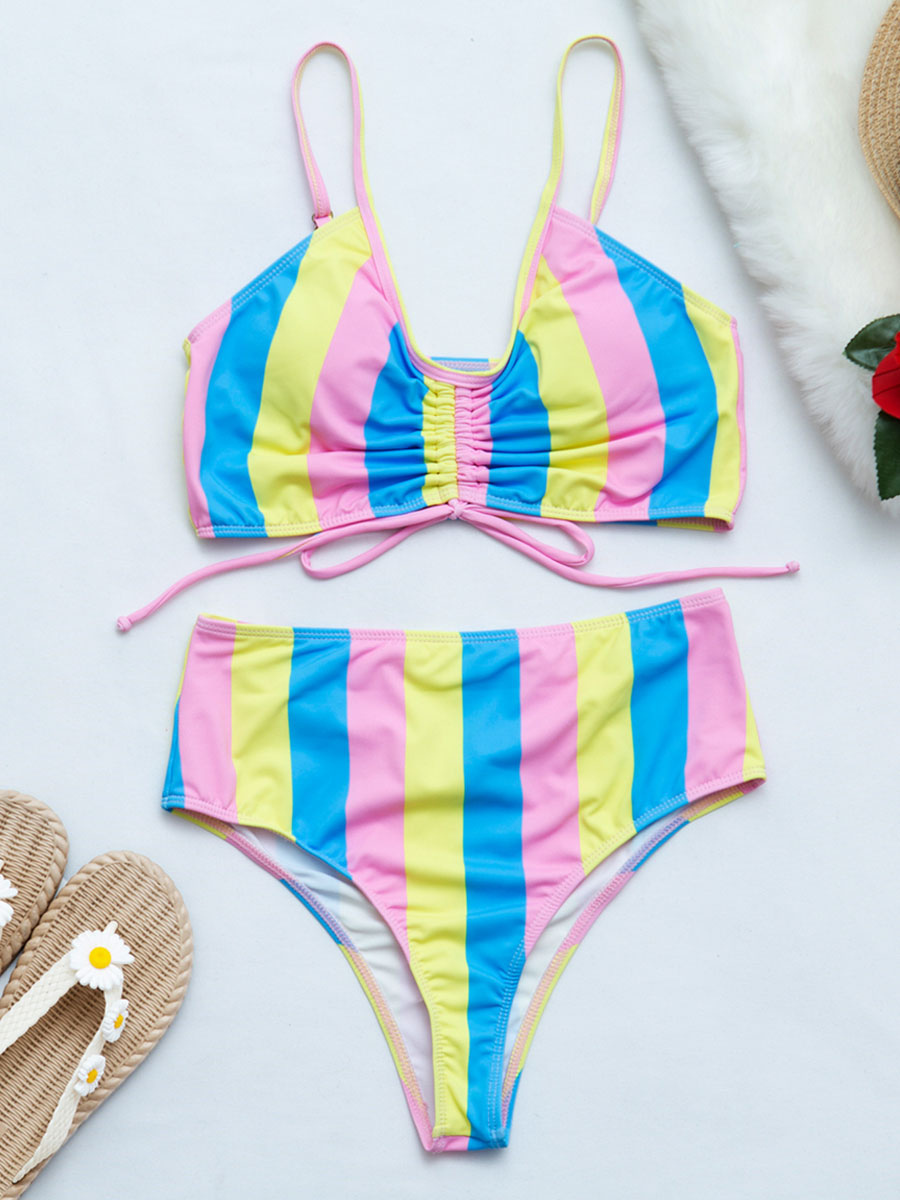 Women's Clothing Swimsuits & Cover-Ups | Two Piece Swimsuits Pink Stripes Buttons Strap Neck Backless High Waisted Summer Beach Bathing Suits For Women - BQ65432
