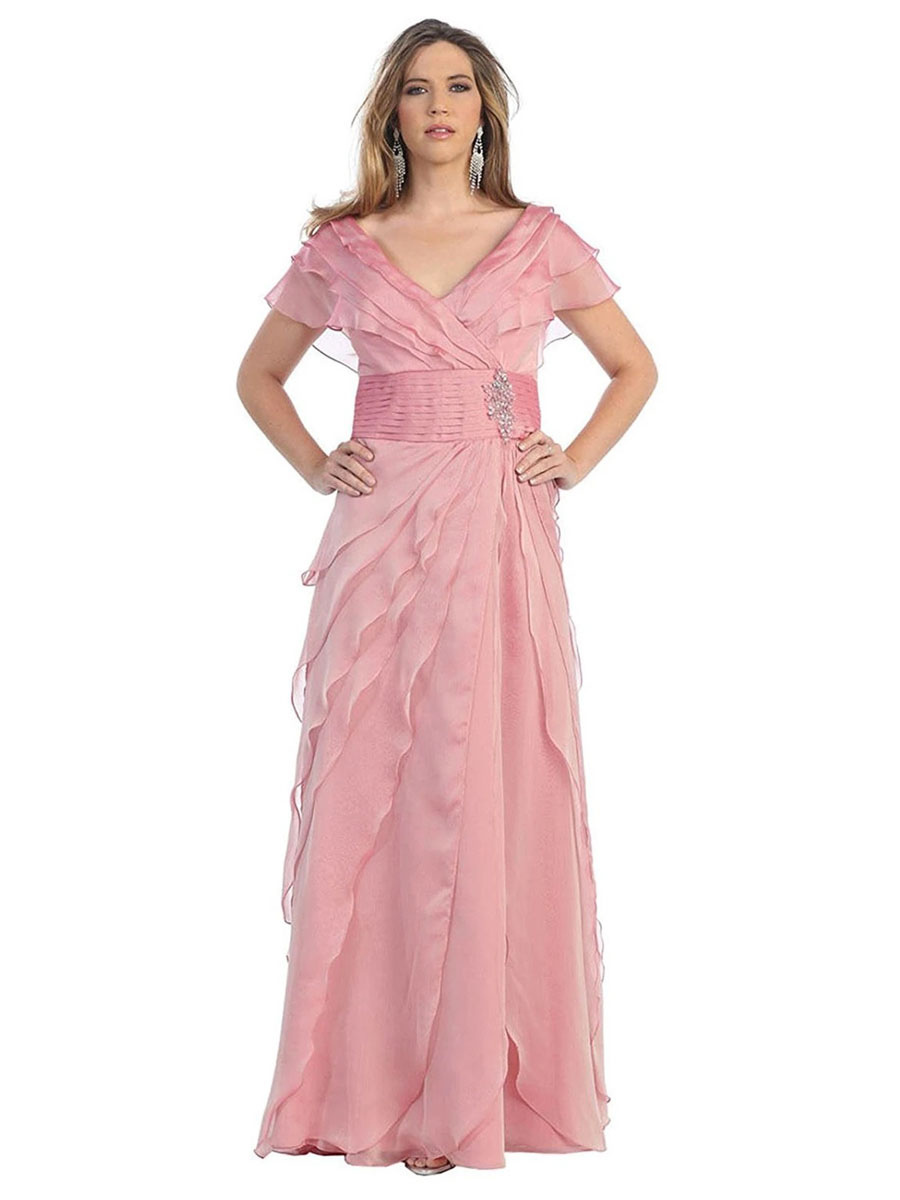 Boda Vestidos de banquete | Vestido rosa para madre de novia, cuello en V, mangas cortas, una línea de gasa, plisado, hasta el suelo, vestidos de invitados de boda - ET59176