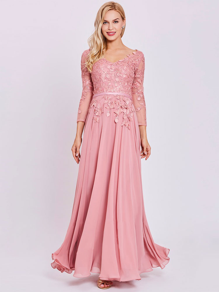 Vestido de fiesta rosa para la madre de la novia, cuello en V, mangas  largas, una línea de encaje, gasa, vestidos largos para invitados de boda -  