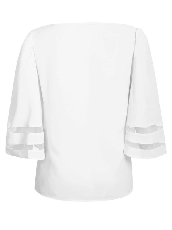 Mode Femme Tops | T-shirt Femme Court Décontracté à Col V avec Manches Mi-longues Volants Unicolore Tee Shirt Sexy Eté - FQ04342