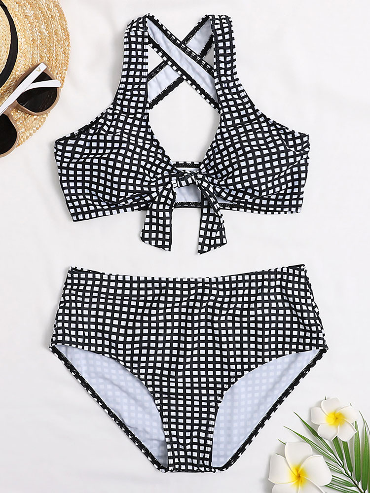 Women's Clothing Swimsuits & Cover-Ups | Two Piece Vintage Swimsuits Black Plaid Pattern Bows Halter Backless High Waisted Summer Beach Swimwear - SI13145