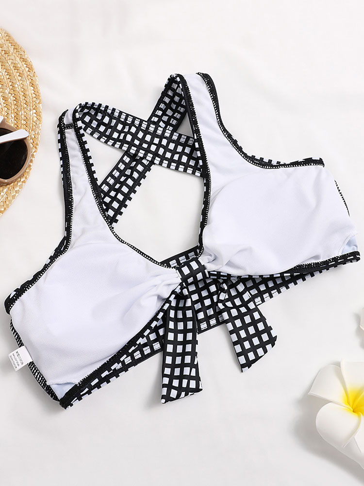 Women's Clothing Swimsuits & Cover-Ups | Two Piece Vintage Swimsuits Black Plaid Pattern Bows Halter Backless High Waisted Summer Beach Swimwear - SI13145