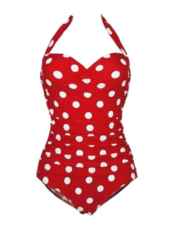 Moda Mujer Trajes de baño | Trajes de baño de una pieza para mujer, con estampado de lunares rojos, plisado, sin espalda, con cintura levantada, trajes de baño de verano - KS57631