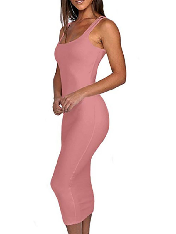 Women's Clothing Dresses | Sexy Bodycon Dress Pink Straps Neck Sleeveless Summer Midi Pencil Wrap Dresses - EI49998
