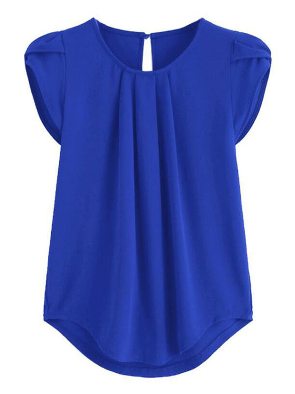 Mode Femme Tops | T-shirt Femme Court à Col V avec Manches Courtes Volantes en Plis Unicolore Tee Shirt Sexy Eté - GR40503