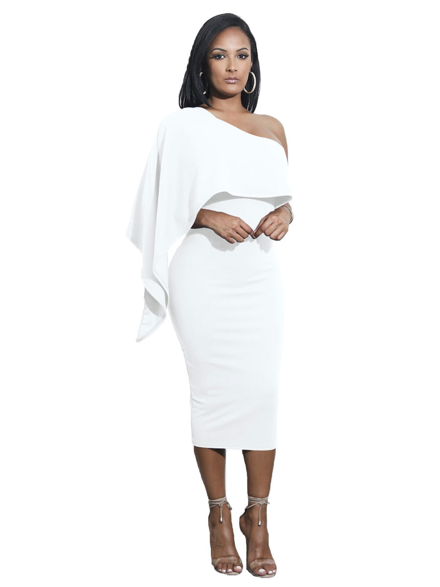 Women's Clothing Dresses | Bodycon Dress White Sleeveless One-Shoulder Polyester Sheath Wrap Dresses - DF12241