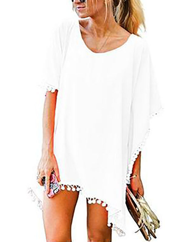 Mode Femme Tops | Chemisier blanc pour femmes col bijou manches courtes polyester décontracté hauts surdimensionnés - DJ07276