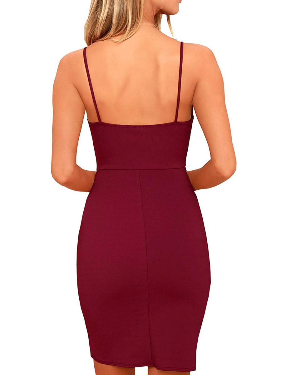 Bodycon Dresses Burgundy Straps Neck Sleeveless Sexy Pencil Dress
