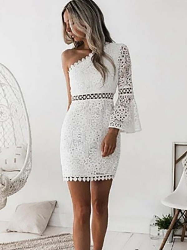 Women's Clothing Dresses | Lace Dresses White One-Shoulder Long Sleeves Open Shoulder Bodycon Midi Dresses - FN47703