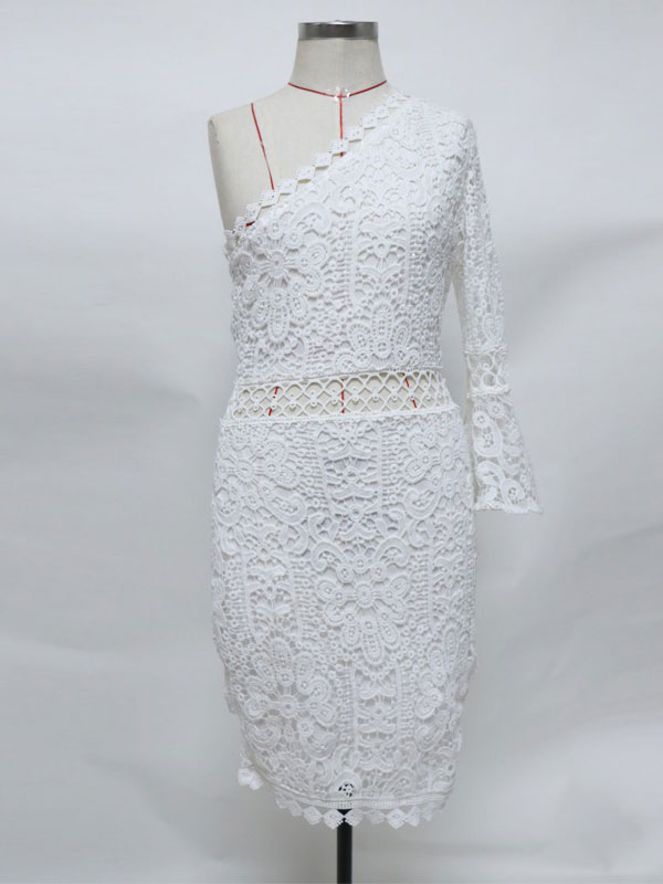 Women's Clothing Dresses | Lace Dresses White One-Shoulder Long Sleeves Open Shoulder Bodycon Midi Dresses - FN47703