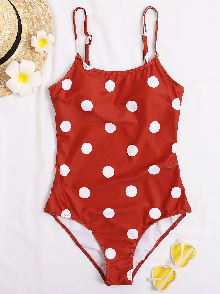 Maillots de bain une pièce pour femmes motif à pois rouge découpé bretelles cou asymétrique