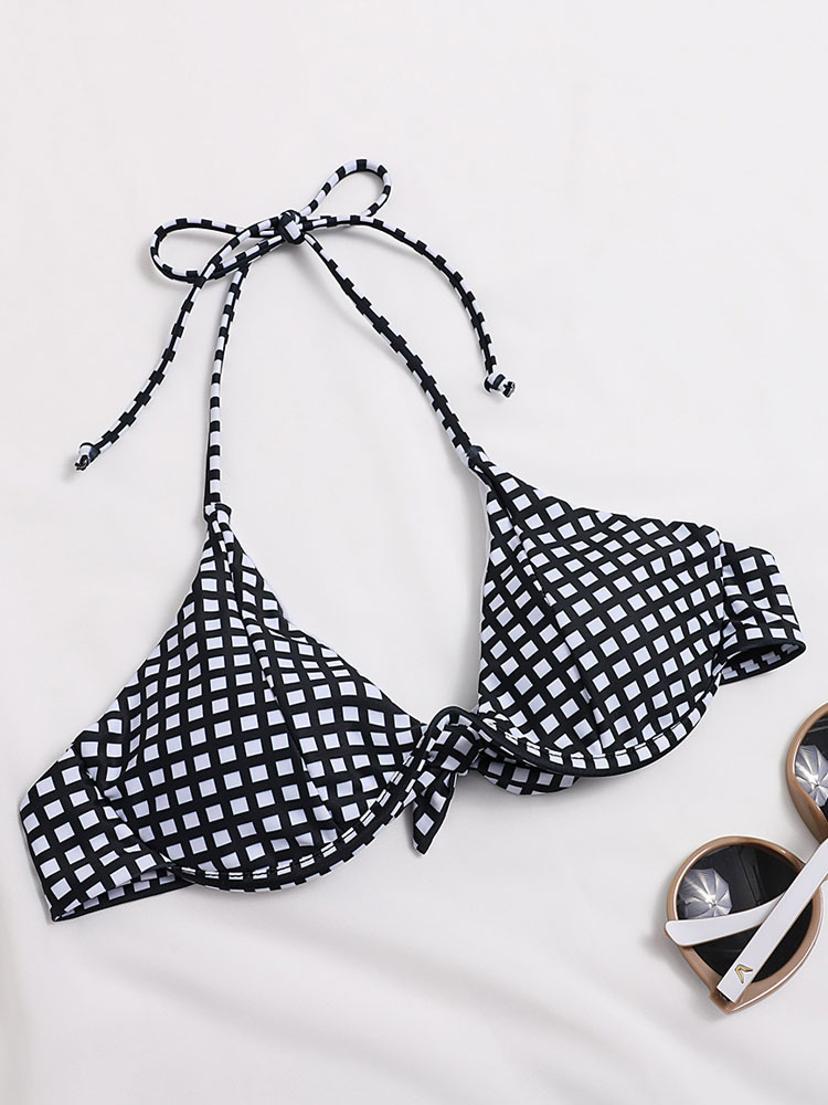 Women's Clothing Swimsuits & Cover-Ups | Two Piece Swimsuits Black Plaid Pattern Ruffles V Neck Backless High Waisted Summer Beach Swimwear - VR14668