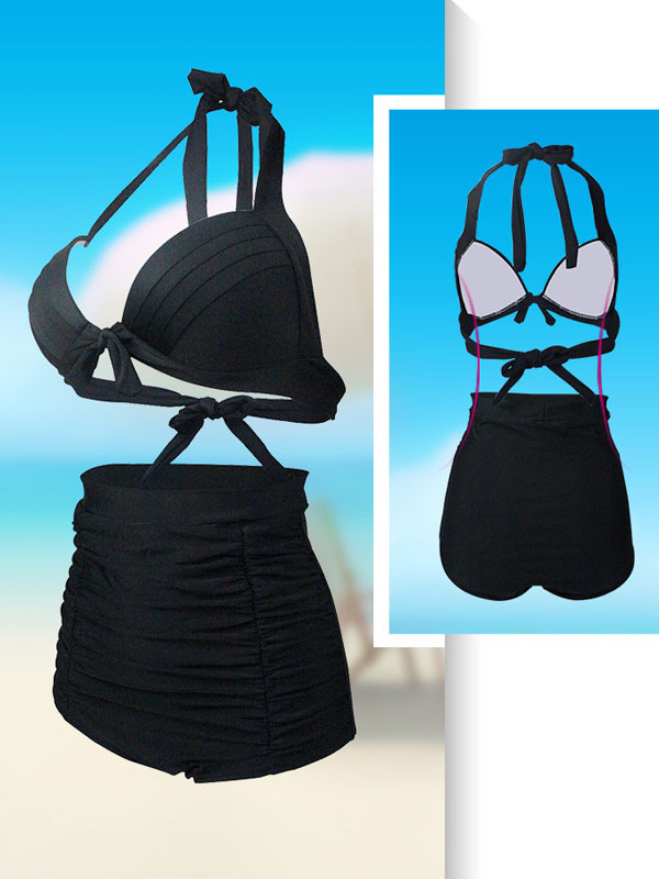 Mode Femme Maillot de Bain Femmes | Maillots de bain deux pièces pour femmes volants noirs col en v taille surélevée à lacets maillots de bain de plage d'été - WZ16464