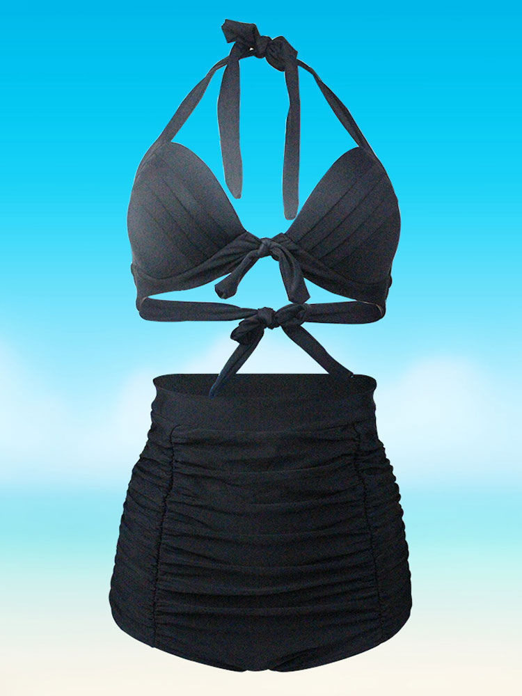 Women's Clothing Swimsuits & Cover-Ups | Two Piece Vintage Swimsuits For Black Ruffles V Neck Layered High Waisted Lace Up Summer Beach Bathing Suits For Women - UC64884